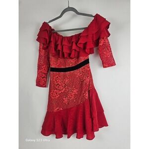 Women's szS, For Love and Lemons, red asymmetrical, lace Ruffles  dress